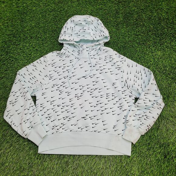NIKE Swoosh AOP Hoodie Womens Large 20x21 Boxy Blue - Picture 1 of 16